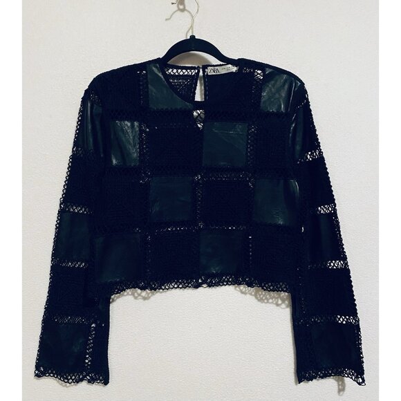 Zara Top Womens Medium Black Vegan Leather Crochet Patchwork Whimsigoth Punk - Picture 2 of 8
